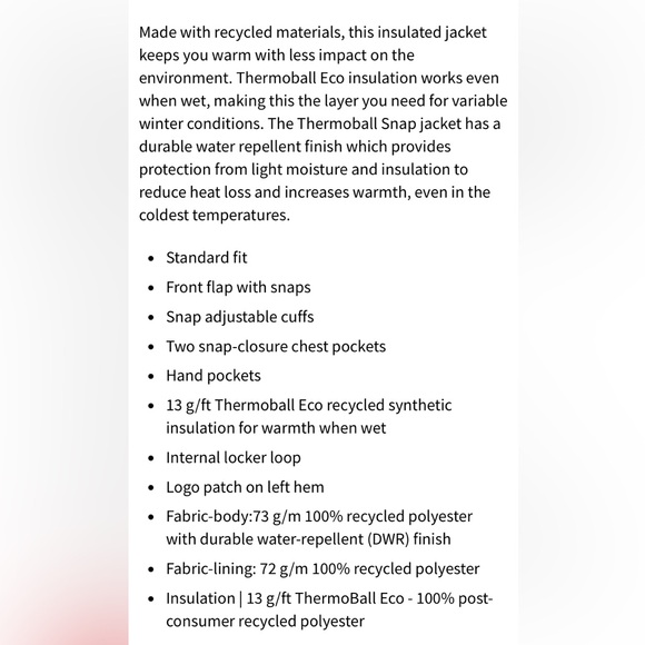 The North Face Men’s Thermoball Snap Jacket Small - Picture 5 of 14